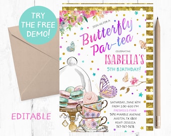 Butterfly Tea Party Invitation, Editable Birthday Template (5x7 inches)