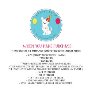 May include: A blue and white printable party sign featuring a cartoon Westie dog wearing a party hat. The sign says "Westie Crew Beautiful Modern Printables" and includes instructions for customizing the sign with the honoree's name, age, and event details.