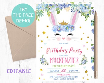 Floral Bunny Invitation, Bunny Second Birthday Invitations, Bunny Birthday Party Invitation, Spring Bunny Invitations, Spring Bunny Invite,