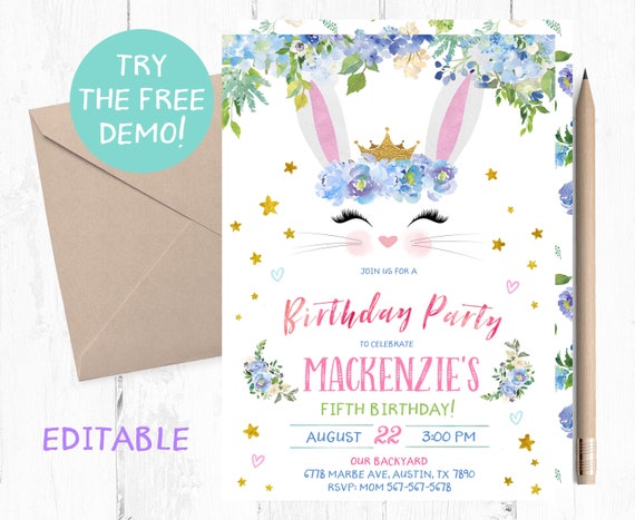 Floral Bunny Invitation, Bunny Second Birthday Invitations, Bunny Birthday Party Invitation, Spring Bunny Invitations, Spring Bunny Invite,