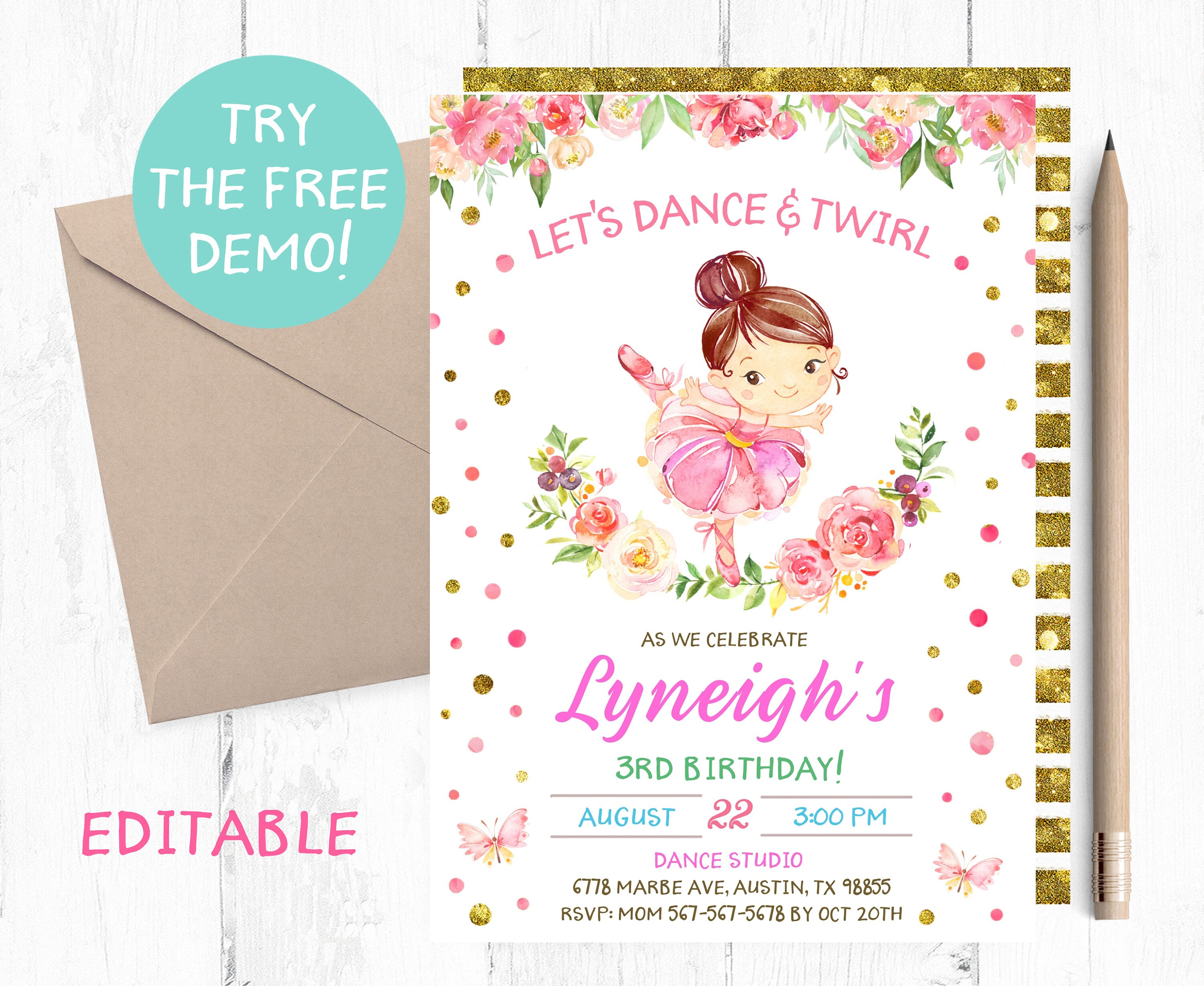 Ballerina Invitation Digital, Ballerina Birthday Invitation Printable ...