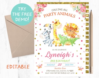 Zoo Birthday Party Invitation, Animals Theme (Digital Download)