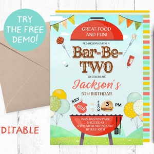 Invitation modifiable bar-be-two, modèle instantané bar-be-two, invitation bbq boy, invitation à la fête d’anniversaire barbecue, invitation imprimable barbecue,