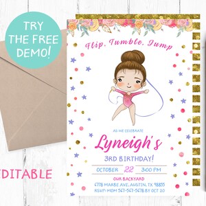 Gymnastics Brunette Girl Editable Template, Gymnastics Girl Birthday Party, Gymnastics Girl Invitation, Gymnastics Texting, Digital Invite,