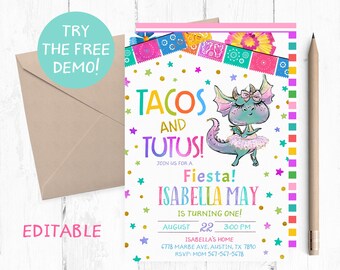 Editable Tacos and Tutus Fiesta Invitation, Girl Birthday (PDF)