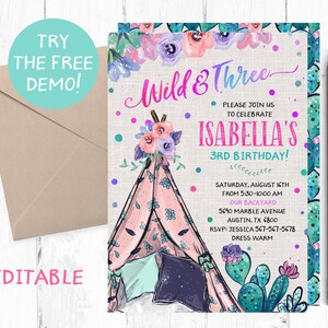 Wild and Three Birthday Invitation, Wild and Three Girl Invitation, Teepee Girl invitations, Boho Girl Invitation, Teepee Invitation, Tribal