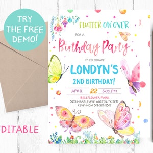 May include: A watercolor birthday party invitation with butterfly illustrations. The invitation reads "Flutter on Over for a Birthday Party to Celebrate Londyn's 2nd Birthday!" with the date, time, and location. Includes a brown envelope and a pencil.