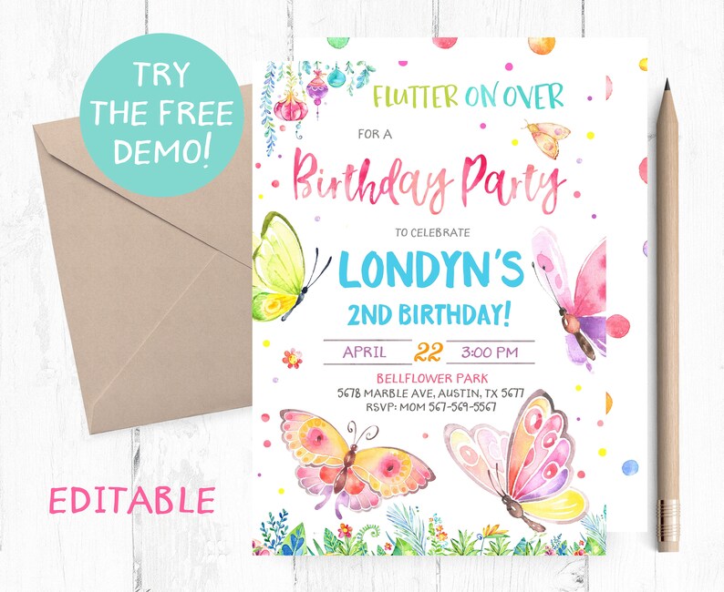 May include: A watercolor birthday party invitation with butterfly illustrations. The invitation reads "Flutter on Over for a Birthday Party to Celebrate Londyn's 2nd Birthday!" with the date, time, and location. Includes a brown envelope and a pencil.