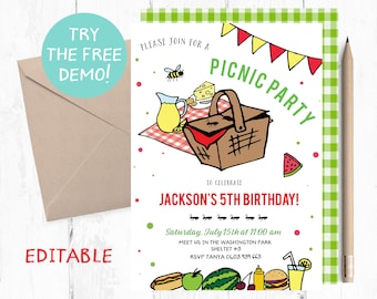Picnic Invitations, Picnic Birthday Invitation, Picnic Birthday Party, Picnic Birthday Invites, Picnic invites, Picnic Birthday Invite,