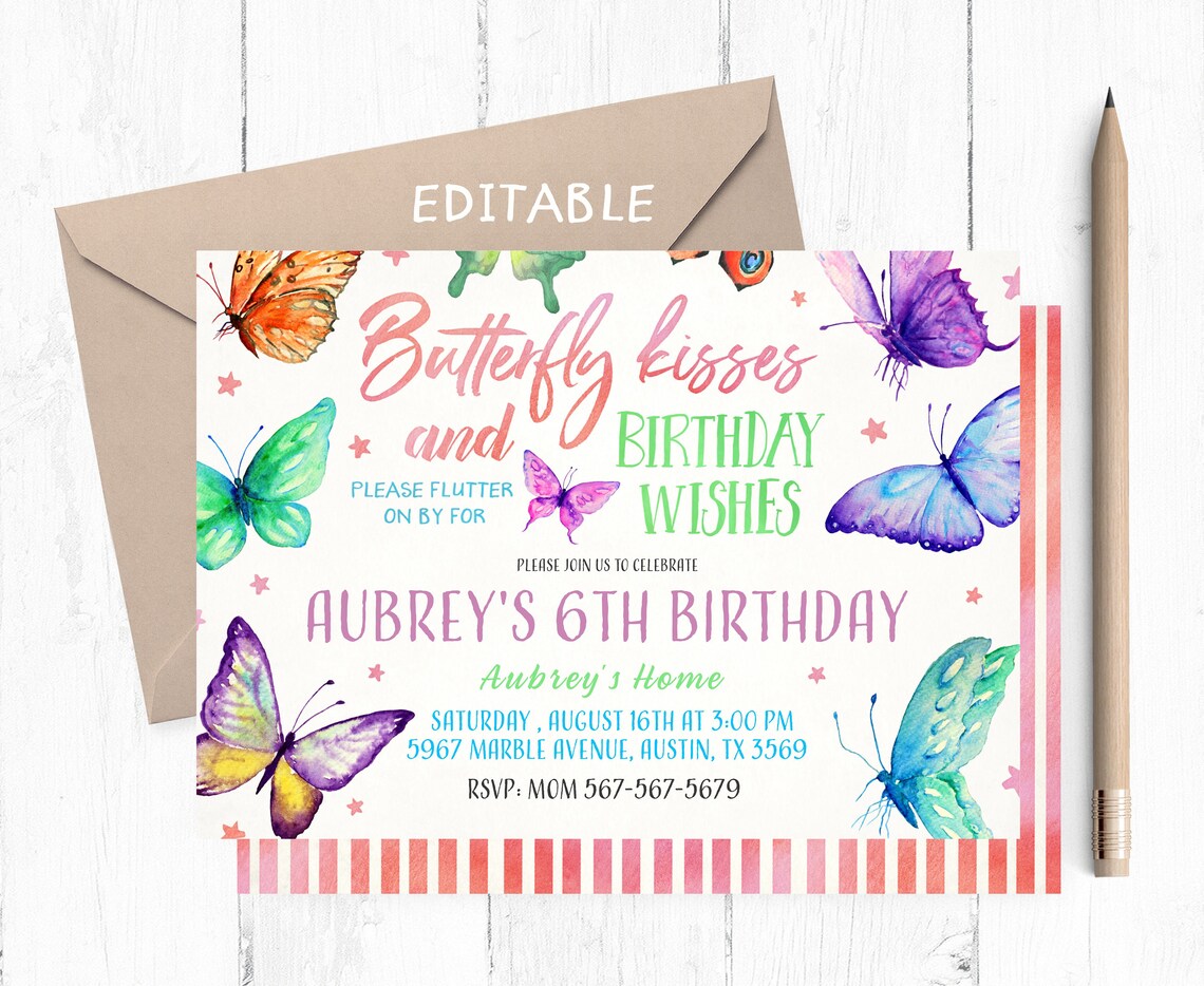 Butterfly Kisses and Birthday Wishes Invitation Butterfly Etsy