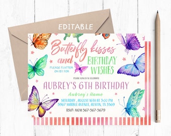 Butterfly Kisses and Birthday Wishes Invitation, Butterfly Invitations, Butterflies Invitation, Butterfly Birthday Party Invites, Invite,