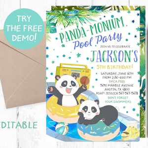 May include: A colorful invitation for a panda-themed pool party. The invitation features two cartoon pandas wearing inflatable donuts and floating in a pool. The text on the invitation reads "Panda-monium Pool Party" and "Jackson's 5th Birthday!"