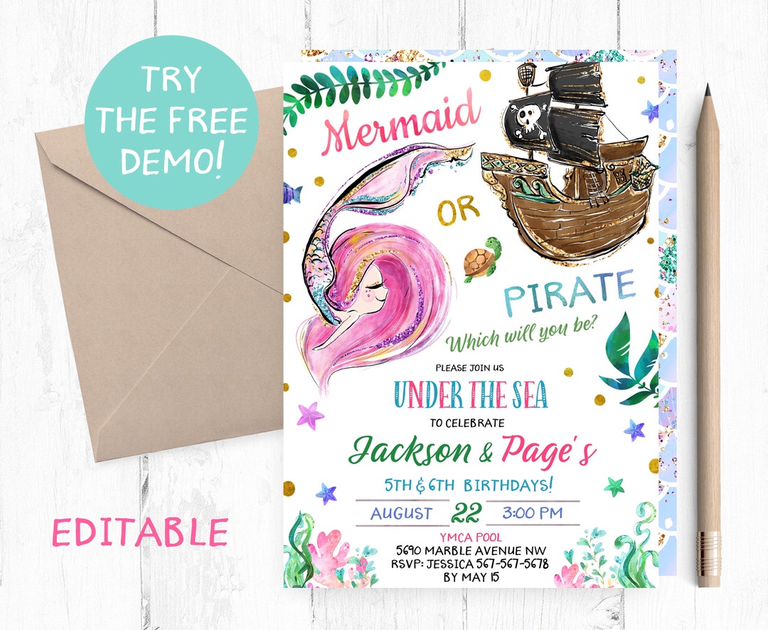 Pink Mermaid Pirate Editable Template, Mermaid Pirate Instant ...