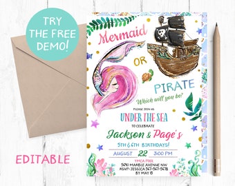 Pink Mermaid Pirate Editable Template, Mermaid Pirate Instant Invitation, Mermaid or Pirate Birthday Party, Joint Mermaid Pirate Template,