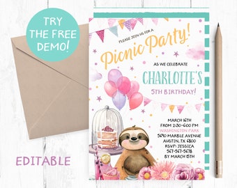 Editable Sloth Picnic Invitation, Sloth Picnic Birthday Party Invitation, Sloth Picnic Editable Template, Picnic Party Instant Download,