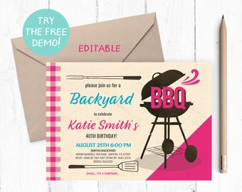 Editable Backyard BBQ Invitation, Pink Barbecue Party Invite (Digital Download)