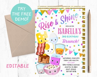 Editable Brunch Invitation Girl, Brunch Birthday Party Invitation, Brunch Editable Template, Breakfast Invitation Girl, Rise and Shine Party