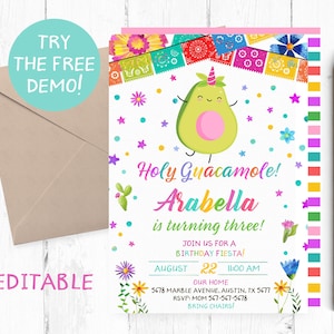 Editable Cute Avocado Invitation, Girl Fiesta Birthday Party, Fiesta Avocado Editable Template, Fiesta Party Invites, Holy Guacamole Party,