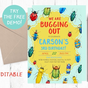 Könnte beinhalten: Eine gelbe und blaue Geburtstagseinladung mit einem Cartoon-Käfer-Motiv. Die Einladung lautet "We are Bugging Out" zur Feier von Carsons 3. Geburtstag. Die Party findet am 22. April um 15:00 Uhr im Garten statt. Die Adresse und die RSVP-Informationen sind enthalten.