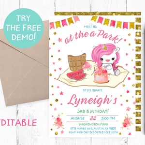 Picnic Birthday Party Invitation, Unicorn Picnic Invitations, Picnic Unicorn Invitation, Picnic Invites, Park Unicorn Invitations, Invite
