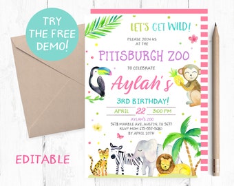 Zoo Birthday Invitation, Zoo Birthday Invites, African Animals Invitation, Zoo Birthday Party, Zoo Birthday invite, Zoo Invitations, digital