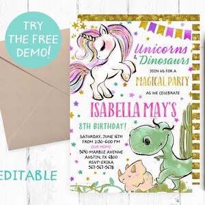 Editable Unicorns and Dinosaurs Invitation, Unicorns Dinosaurs Invitation Template, Unicorns Dinosaurs Instant Download, Printable Invite,