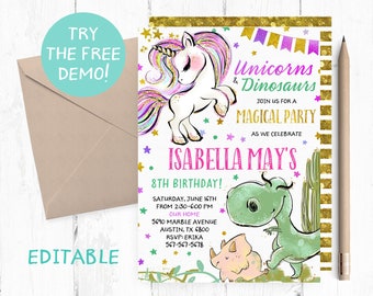 Editable Unicorns and Dinosaurs Invitation, Unicorns Dinosaurs Invitation Template, Unicorns Dinosaurs Instant Download, Printable Invite,