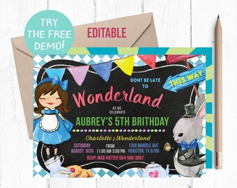 Alice in Wonderland Birthday Invitation, Editable Party Invite (5x7in)