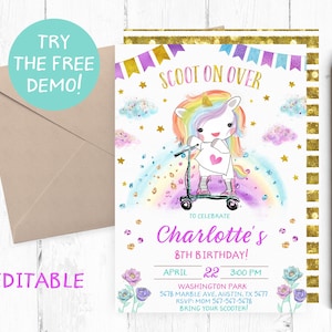 Editable Unicorn Scooter Invitation, Scooter Birthday Party Invitation, Girl Scooter Party Invite, Unicorn Park Birthday Party Template,