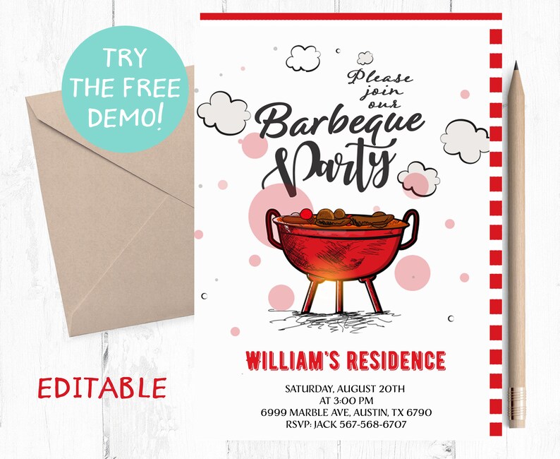 May include: A white invitation with red and black accents for a barbeque party. The invitation features a cartoon illustration of a red grill with food on it. The text on the invitation reads "Please join our Barbeque Party" and "William's Residence". The invitation also includes the date, time, address, and RSVP information.