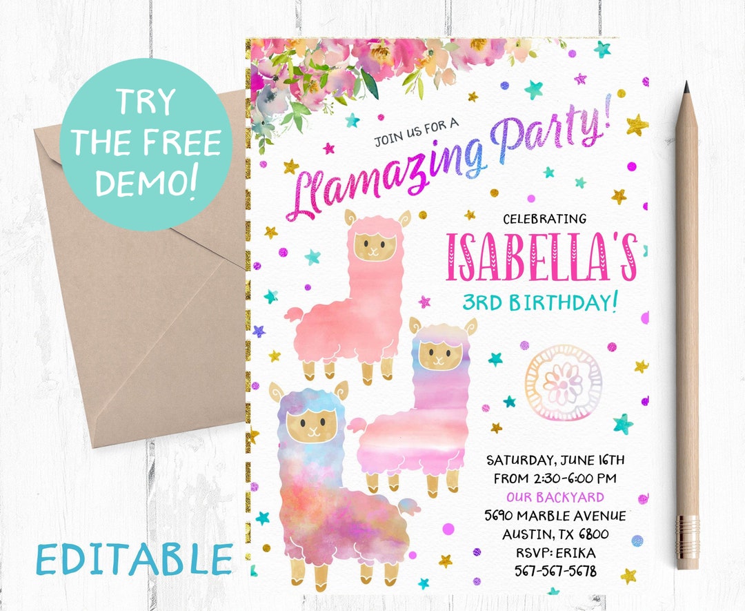 Editable Llama Invitation, Llama Template Invitations, Llama Instant ...