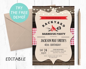 May include: A rustic brown wood background with a tan banner that says "Please join us for a Backyard Barbecue Party". The banner has a red ribbon at the top and a red and white checked pattern on the sides. The banner also has a red flame and a fork and spatula. The text below the banner says "Celebrating Jackson May Smith's 45th Birthday!" and includes the date, time, and location of the party.