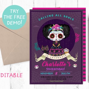 Invitación editable día de la fiesta muerta, invitación de fiesta Dia de los Muertos, Dia de Los Muertos Chica Negra, Día de la Chica Negra Muerta, Instantánea,