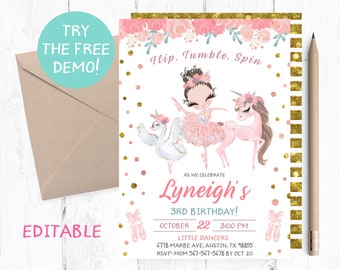 Editable Brunette Girl Ballerina Unicorn Template, Ballerina Unicorn Birthday Party, Ballerina Unicorn Instant Invitation, Texting Invite,