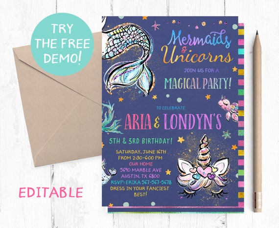 Mermaids and Unicorns Birthday Invitation, Magical Party, Printable (5x7 inches)