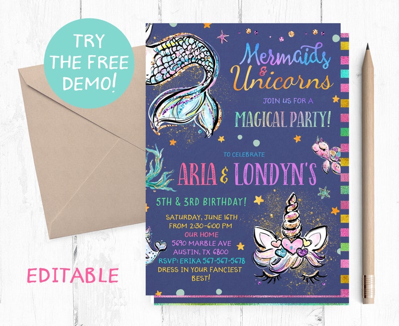 May include: A purple invitation with glitter accents for a mermaid and unicorn themed birthday party. The invitation says "Mermaids & Unicorns" and "Join us for a Magical Party!" to celebrate Aria & Londyn's 5th & 3rd birthday. The invitation includes the date, time, address, and RSVP information.
