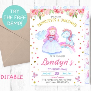 Princesses and Unicorns Invitations, Princess and Unicorn Invitation, Princess Unicorn Invites, Princess Unicorn Invite, Princess Unicorn,