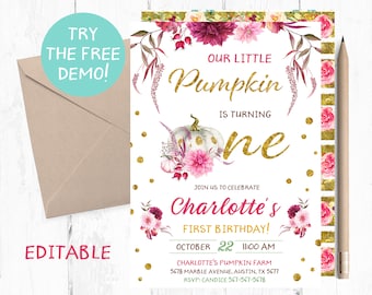 Pumpkin Floral First Birthday Invitation, Fall Party Invites (PDF)