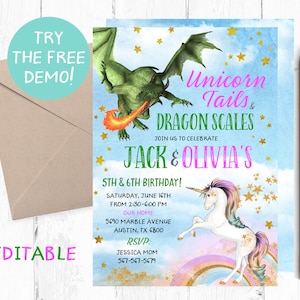 Dragons Unicorns Birthday Invites, Joint Magical Invitation, Joint Dragons Birthday Invitation, Joint Unicorn Birthday Invitation,