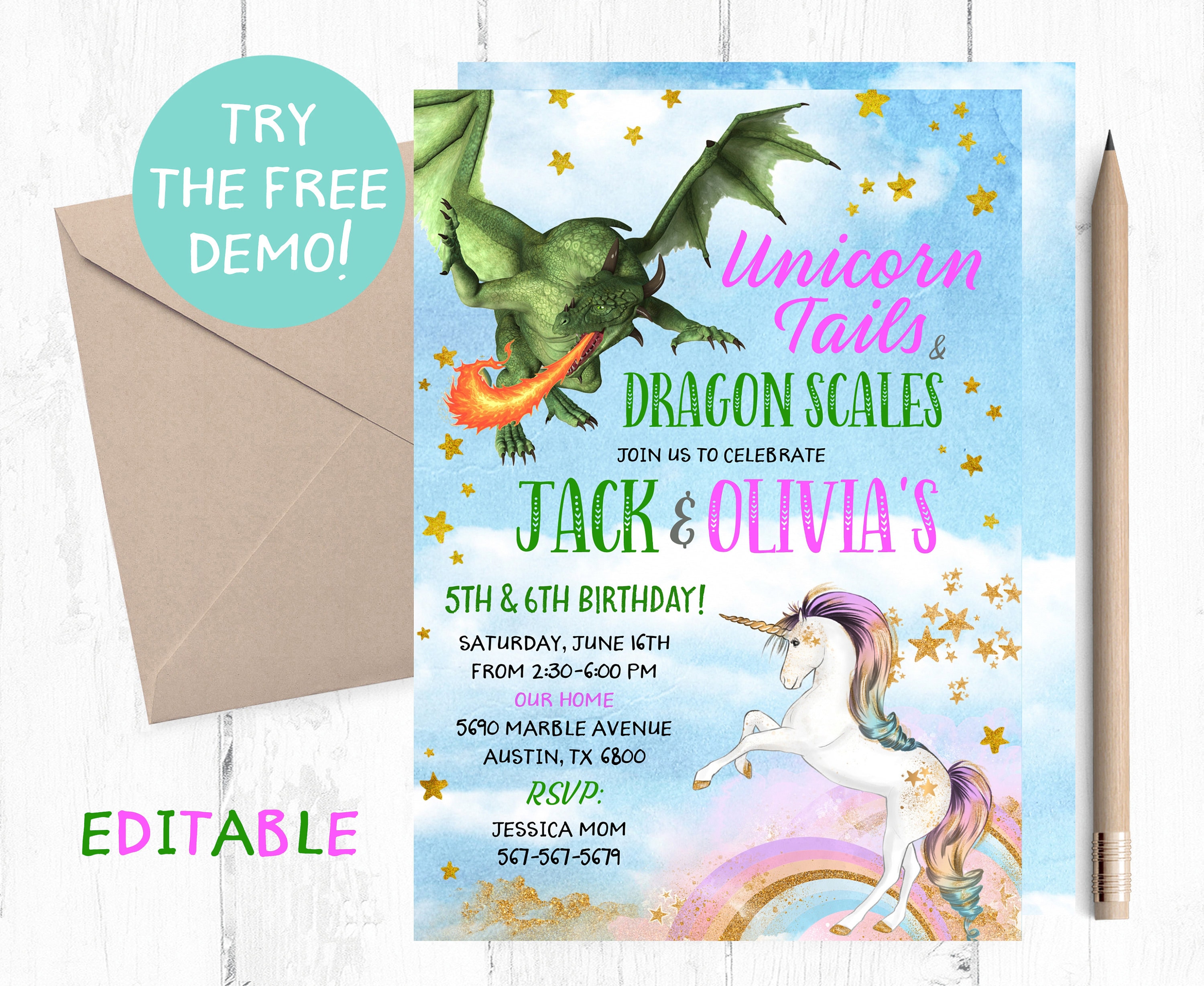 Dragons Unicorns Birthday Invites, Joint Magical Invitation, Joint Dragons Birthday Invitation, Joint Unicorn Birthday Invitation,