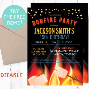 Bonfire Party Invitation, Editable Bonfire Template, Bonfire Editable Invitation, Bonfire Party ...