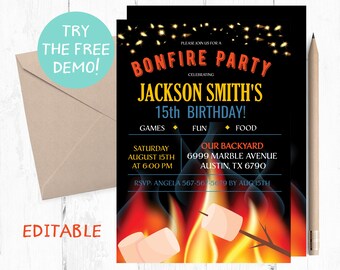 Editable Bonfire Party Invitation Template, 5x7 (PDF)