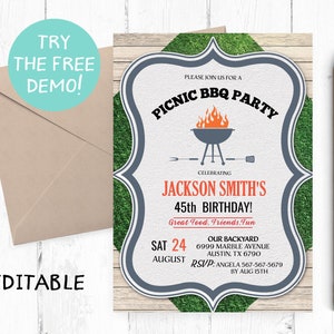 Editable Picnic BBQ Invitation, Barbecue Picnic Birthday Invitation, BBQ Picnic Instant Download, Barbecue Picnic Invites, BBQ Template,