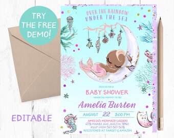 Invitation à la baby-shower de la petite sirène, invitation à la fête de bébé de la petite sirène, modèle de douche de bébé sirène, modèle instantané noir,