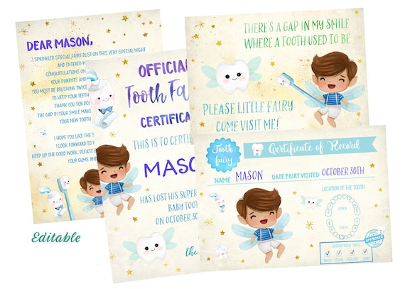 Editable Tooth Fairy Set for Brunette Boy, Certificate, Letter (Instant Download)
