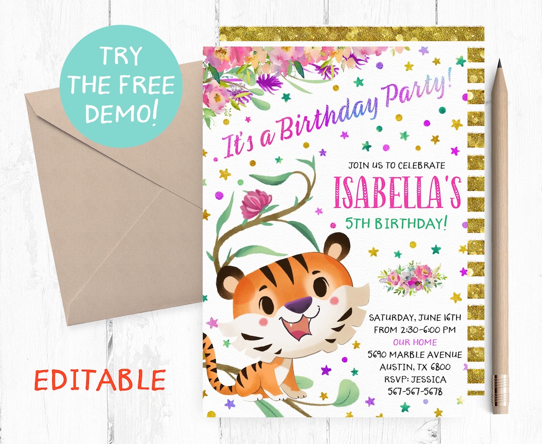 Editable Tiger Invitation Tiger Girl Birthday Party Invite Etsy