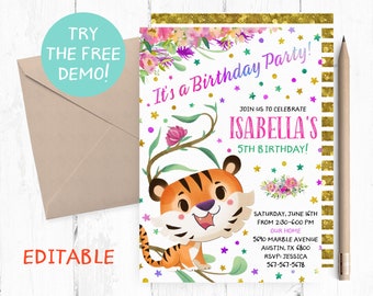 Invitaciones Personalizadas De Cumpleaños Infantil – Cara De Tigre Modernas Y Mínimas