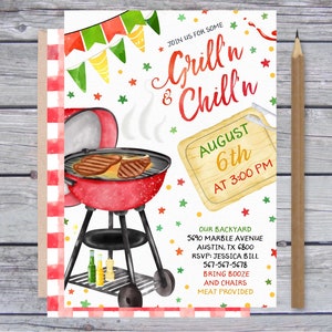 Pode incluir: Uma grelha vermelha e preta com dois bifes na grelha. A grelha est&aacute; sobre um fundo branco com confete vermelho, verde e amarelo. O texto "Grill'n Chill'n" est&aacute; escrito em vermelho e preto. O texto "August 6th at 3:00 PM" est&aacute; escrito em amarelo e preto. O texto "Our Backyard 5690 Marble Avenue Austin, TX 6800 RSVP: Jessica Bill 567-567-5678 Bring Booze and Chairs Meat Provided" est&aacute; escrito em preto.