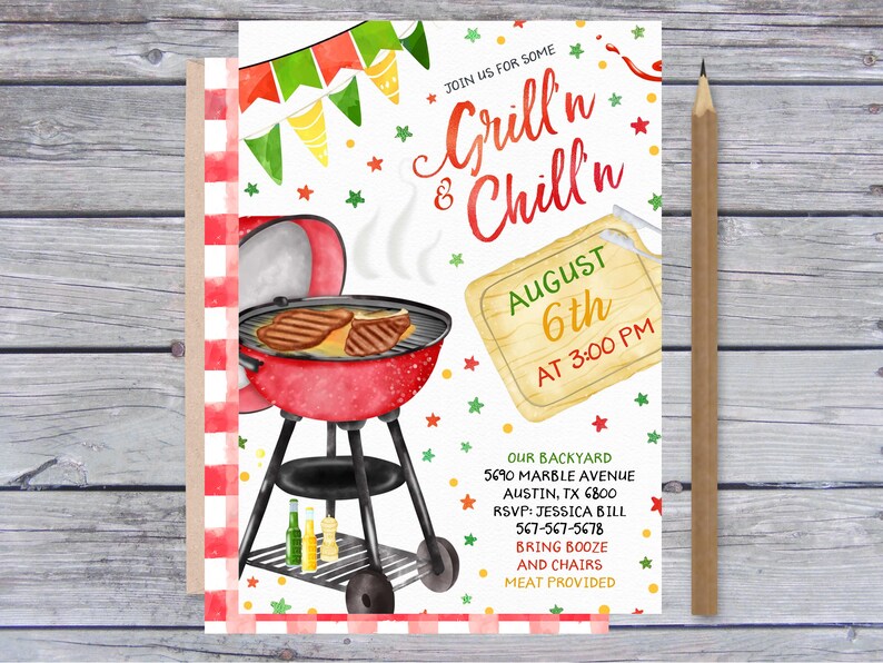 Pode incluir: Uma grelha vermelha e preta com dois bifes na grelha. A grelha est&aacute; sobre um fundo branco com confete vermelho, verde e amarelo. O texto "Grill'n Chill'n" est&aacute; escrito em vermelho e preto. O texto "August 6th at 3:00 PM" est&aacute; escrito em amarelo e preto. O texto "Our Backyard 5690 Marble Avenue Austin, TX 6800 RSVP: Jessica Bill 567-567-5678 Bring Booze and Chairs Meat Provided" est&aacute; escrito em preto.