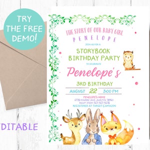 Storybook Birthday Invitations for girl, Once upon a time invitations, Storybook Party, Girl First Birthday Invitation, Storybook invites,